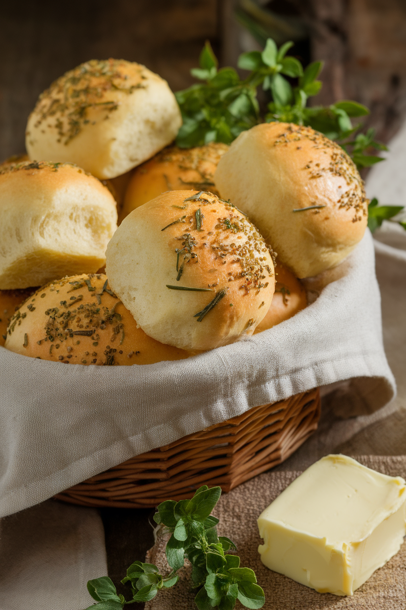 Indoor photo of a cloth-lined basket brimming with golden dinner rolls flecked with fresh herbs, a pat of melting butter nearby. No text or logos.