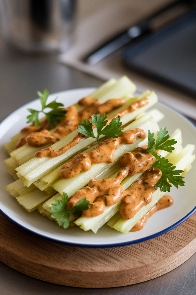 Indoor dish of kohlrabi sticks coated lightly in mustard-maple dressing, parsley garnish. No logos.