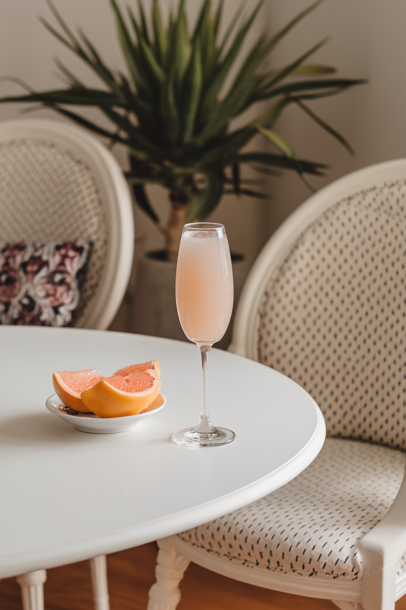 An indoor breakfast nook scene with a flute of pale pink grapefruit mimosa, a small saucer of grapefruit wedges nearby. Photo, not illustration. No text or logos.