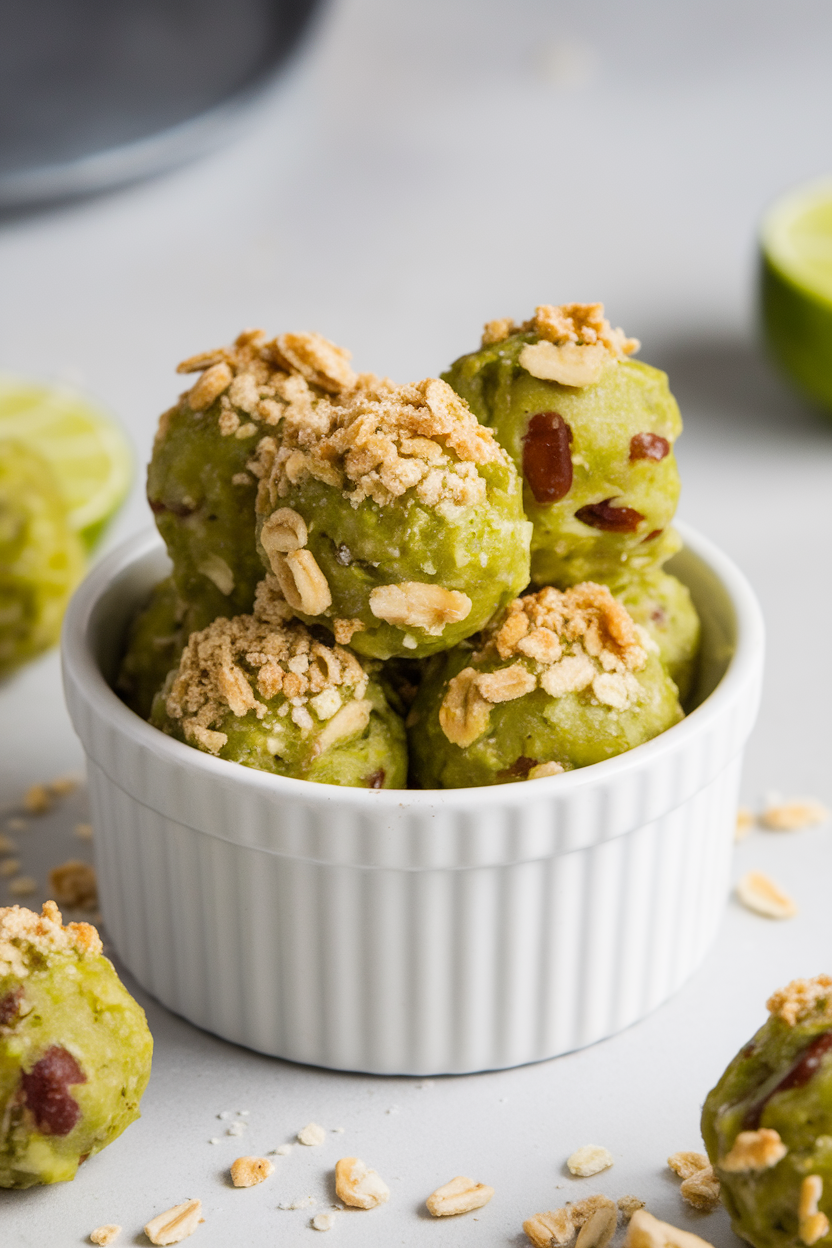 Photo of an indoor white ramekin containing pale green key lime energy balls topped with crushed graham-style oat crumbs. No text or logos.