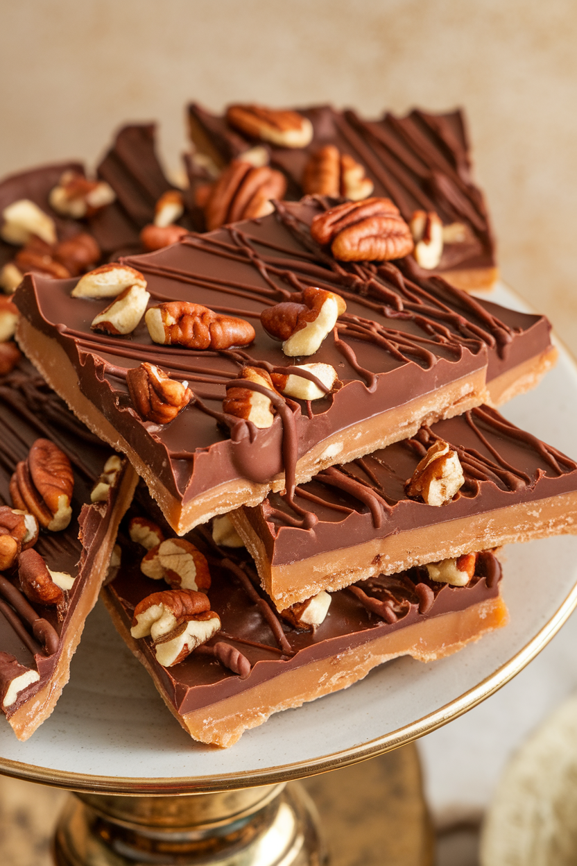 Indoor close-up of buttery toffee topped with chocolate and chopped pecans, snapped into pieces; no logos. Photo, not illustration.