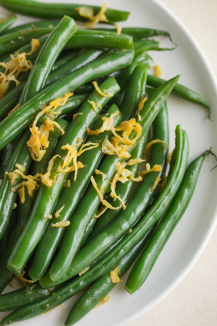 Indoor platter of sautéed green beans with garlic slivers and lemon zest, shot close-up. No text or logos.