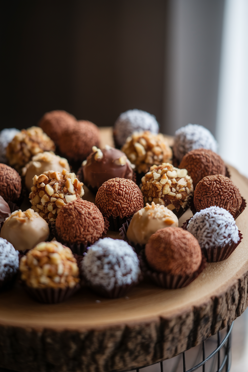Indoor dessert board with assorted chocolate truffles rolled in cocoa, chopped nuts, and coconut, gentle spotlight. No text or logos. Photo only.