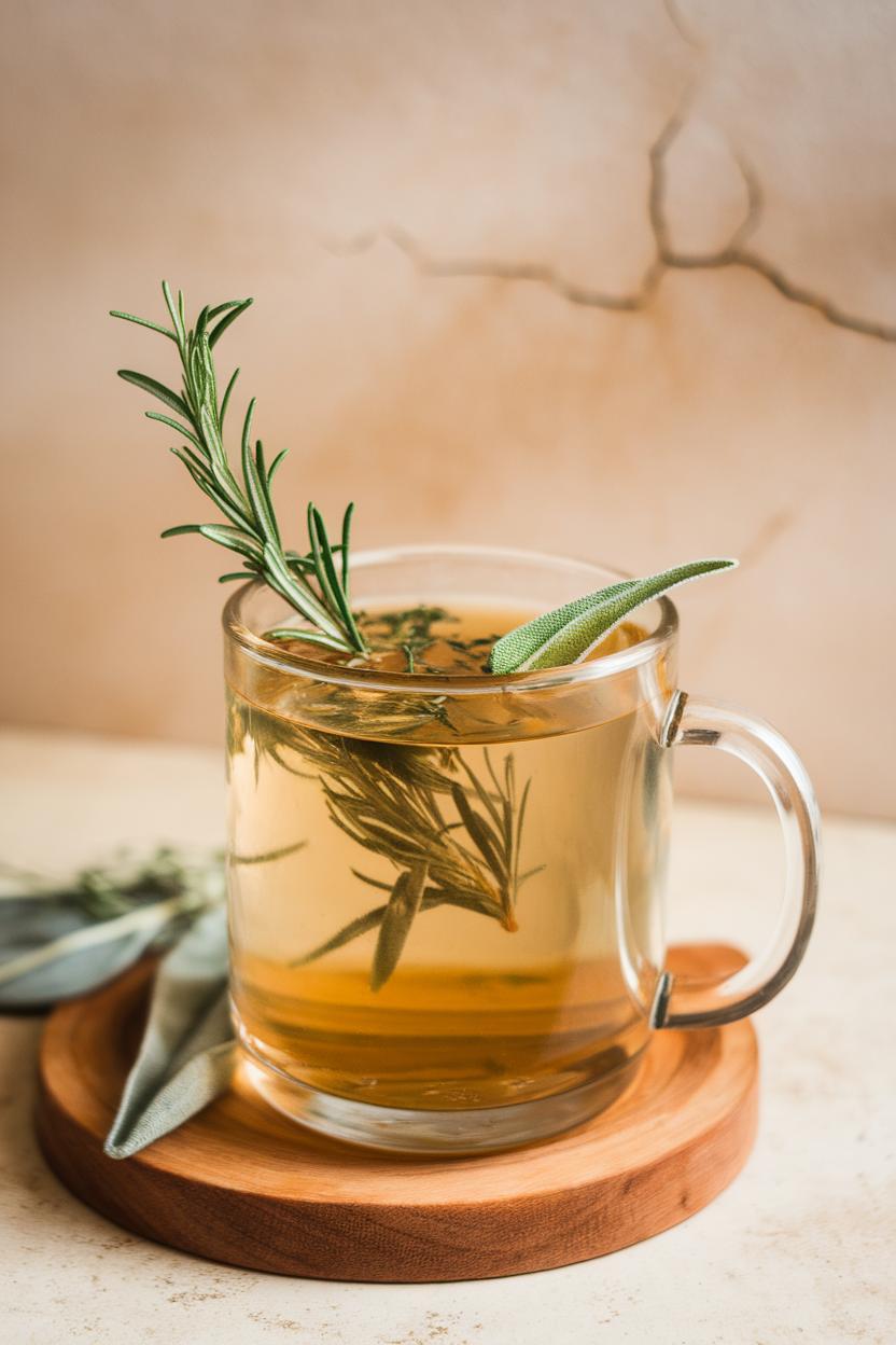 A mug of clear turkey bone broth with herbs floating on top, photographed indoors on a table. No text or logos.