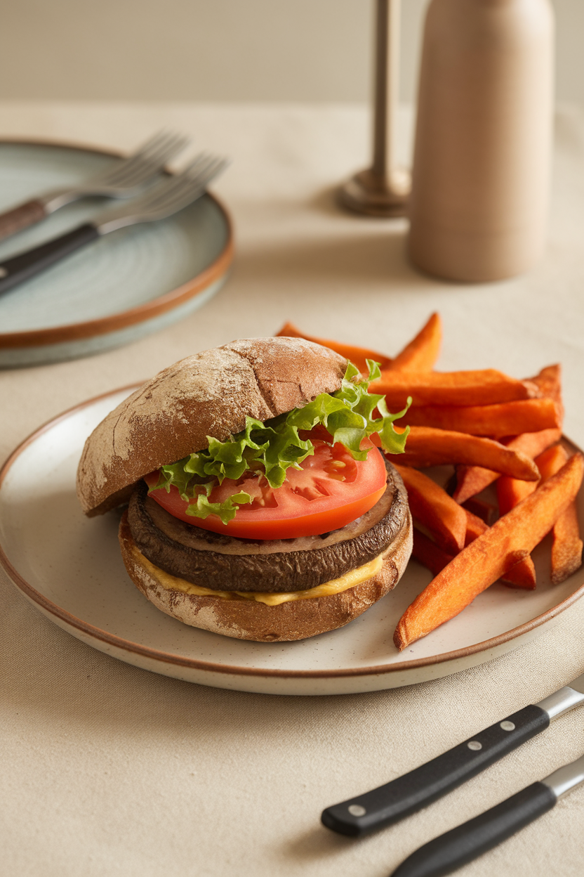 An indoor table setting with a plate holding a cooked Portobello mushroom cap on a whole-grain bun, topped with tomato and leafy lettuce, sweet potato fries on the side. No text or logos visible. Photo.