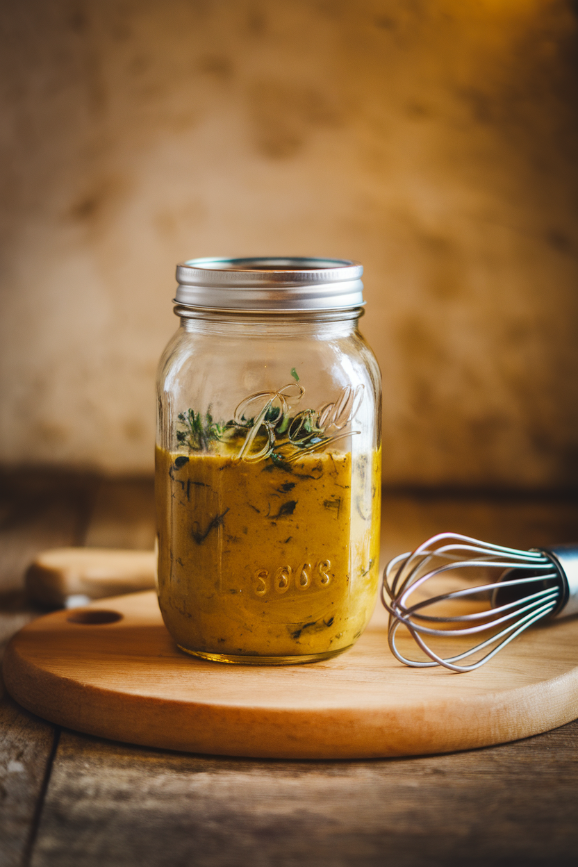 Indoor photo of a mason jar filled with a vinaigrette of olive oil, vinegar, mustard, and herbs, sitting beside a whisk; no text or logos.