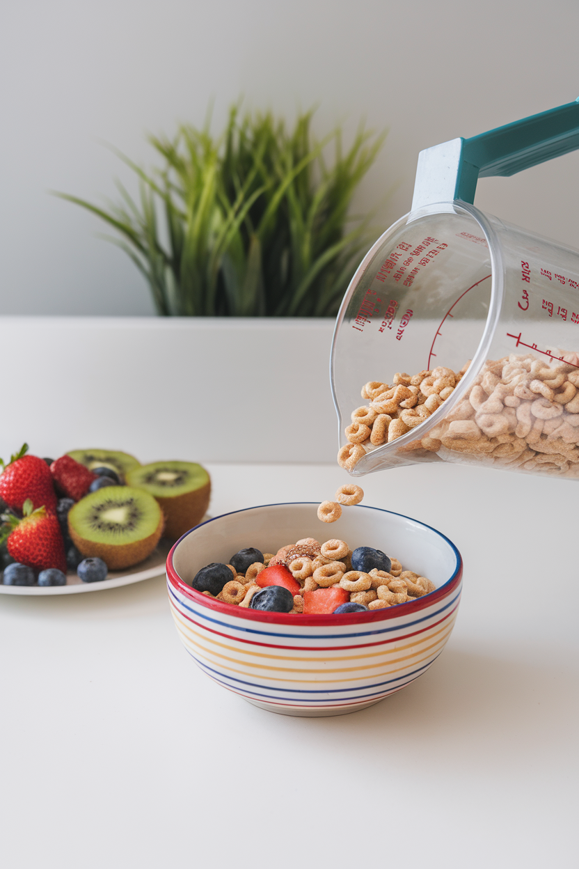 Indoor photo of a measuring cup pouring plain whole-grain cereal into a kid bowl, colorful fruit ready to top, no text or logos