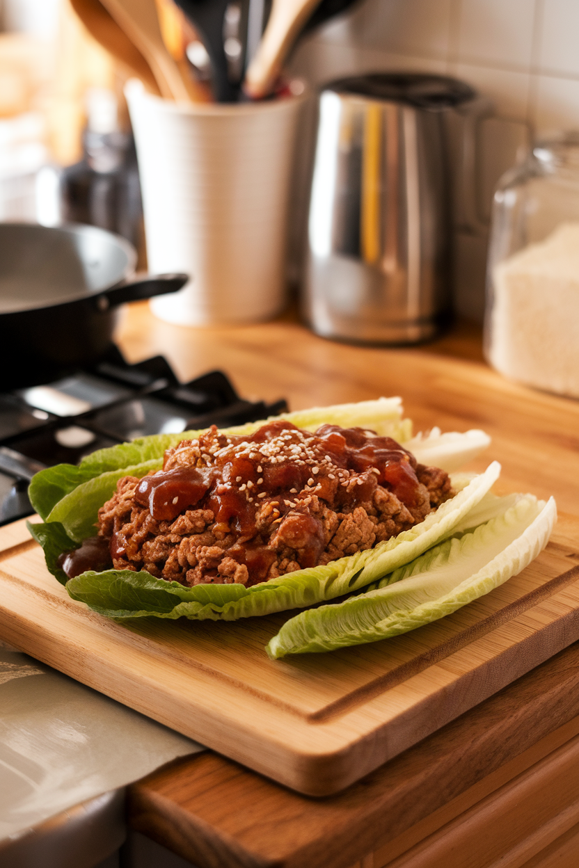 An indoor kitchen island with crisp romaine leaves holding ground turkey in a glossy teriyaki glaze, sesame seeds sprinkled on top. No logos or text.