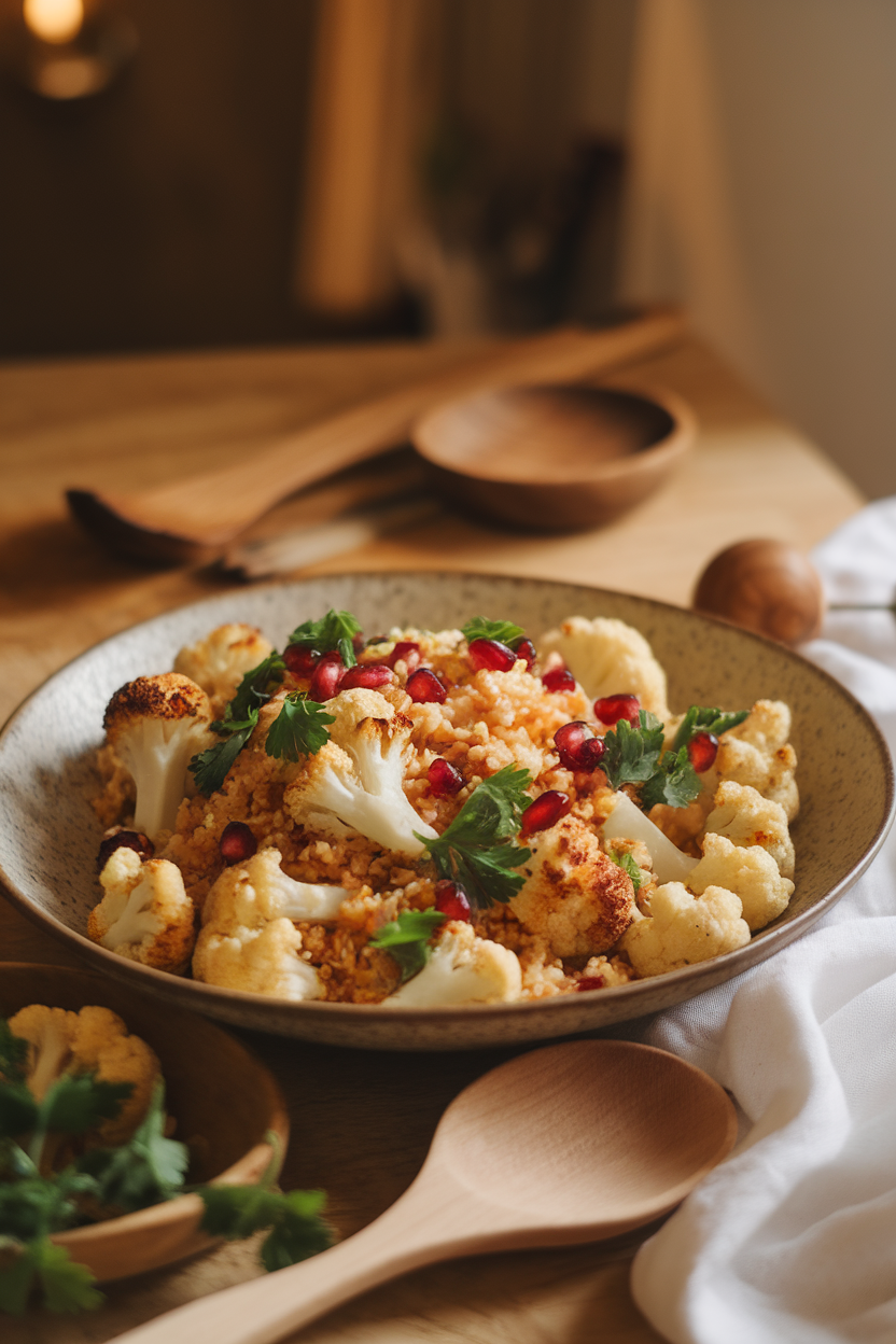 A warmly lit indoor table with a wide shallow bowl holding roasted cauliflower florets mixed with parsley-laden bulgur and pomegranate jewels. No text or logos. Photo.