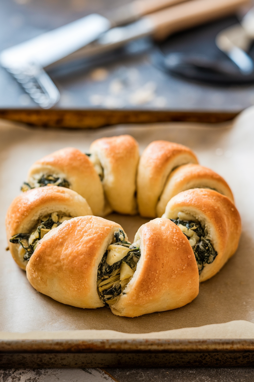 Indoor photo of a golden crescent dough ring filled with spinach-artichoke mixture, set on a parchment-lined tray, no brand names or text.