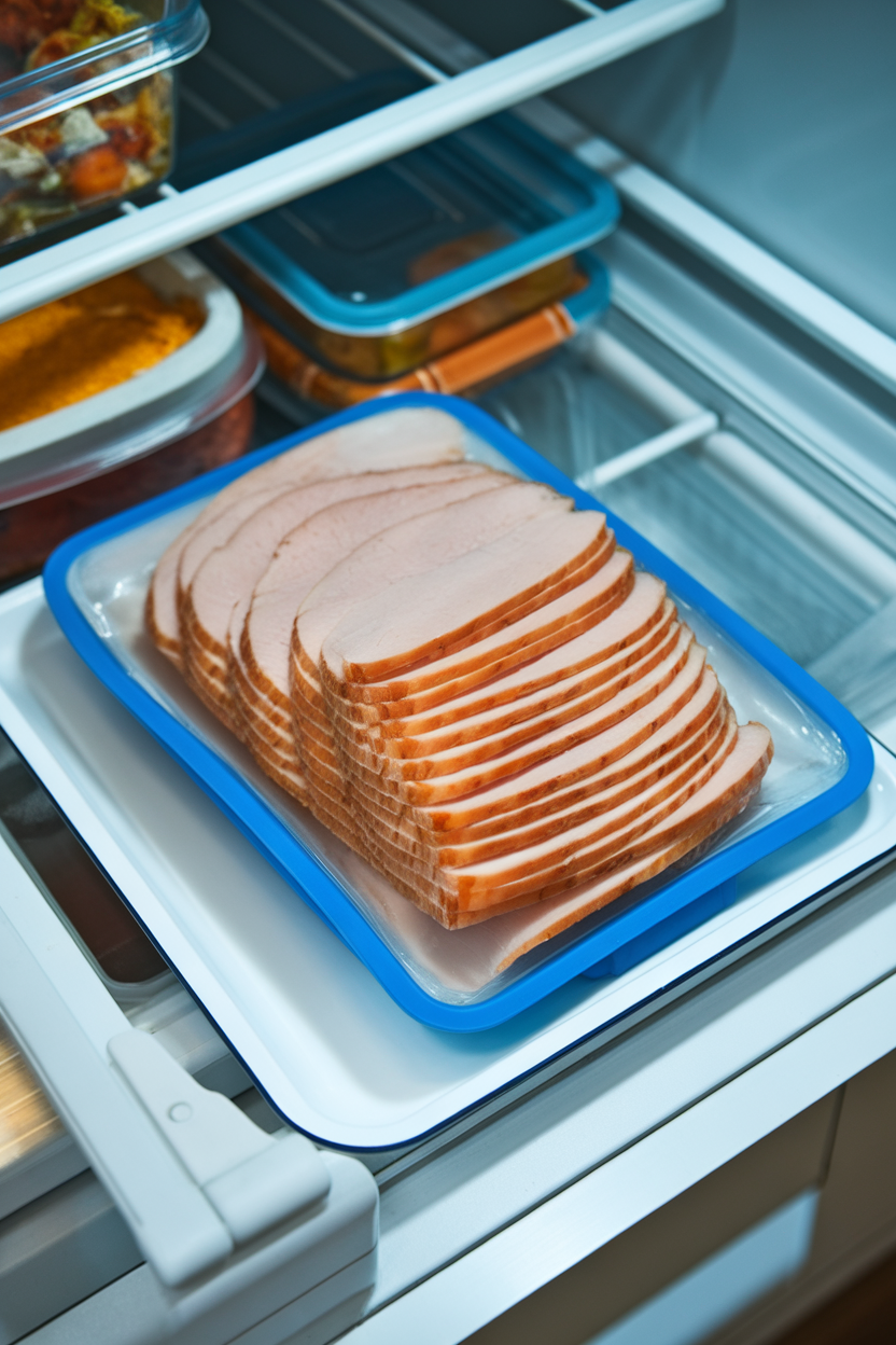 Photo, indoor fridge deli drawer with neatly stacked turkey breast slices in a reusable silicone pouch, cool lighting, no text or logos.