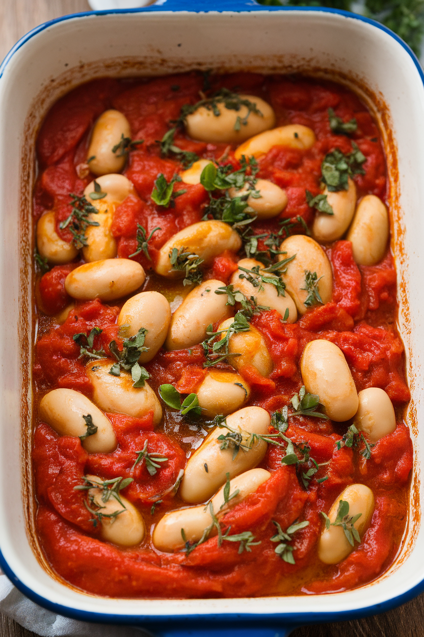 An indoor ceramic baking dish of large butter beans baked in tomato sauce with herbs and olive oil. No text or logos.