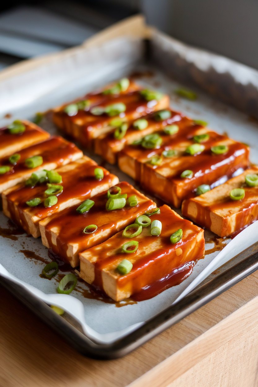 Rectangular tofu slices coated in glossy teriyaki sauce on a parchment-lined baking sheet under soft indoor lighting, no text or logos.