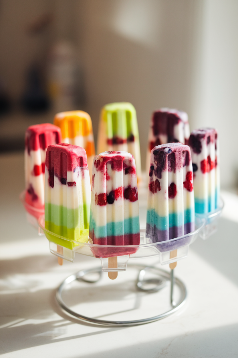 A softly lit indoor countertop displaying colorful yogurt popsicles in a stand, layers of berries and yogurt visible through clear molds. No text or logos anywhere.