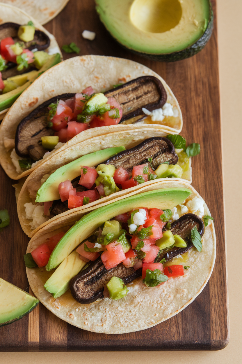 Photo of corn tortillas filled with grilled portobello strips and fresh pico de gallo on an indoor taco board, no text or logos