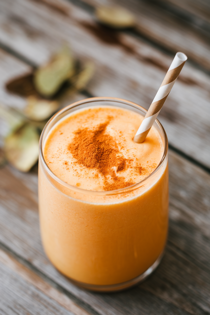 Indoor glass photo of an orange smoothie with a sprinkle of cinnamon and a paper straw, no text or logos.