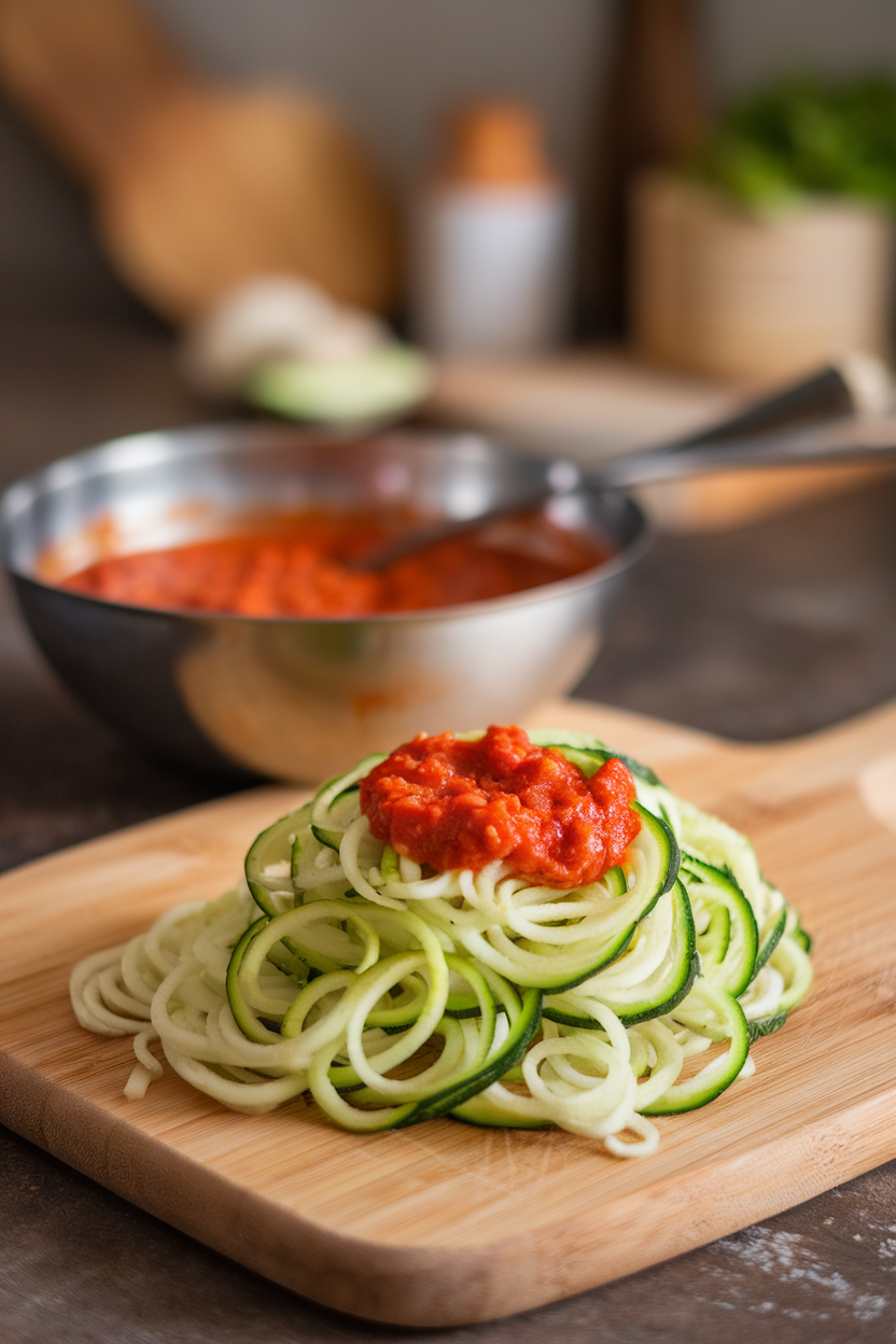 An indoor cutting board with zucchini noodles freshly spiralized, a simple tomato sauce simmering in the background. No text or logos. Photo.