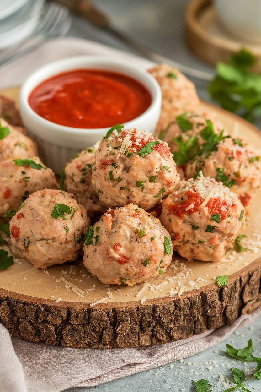 An indoor rustic wooden board with baked chicken meatballs sprinkled with parmesan and parsley, a small bowl of marinara nearby. No logos or text. Photo only.