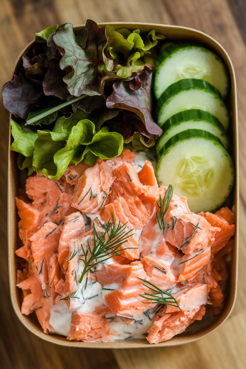 Indoor bento box with flaked baked salmon mixed with dill yogurt, cucumber slices, and mixed greens. No text or logos present.