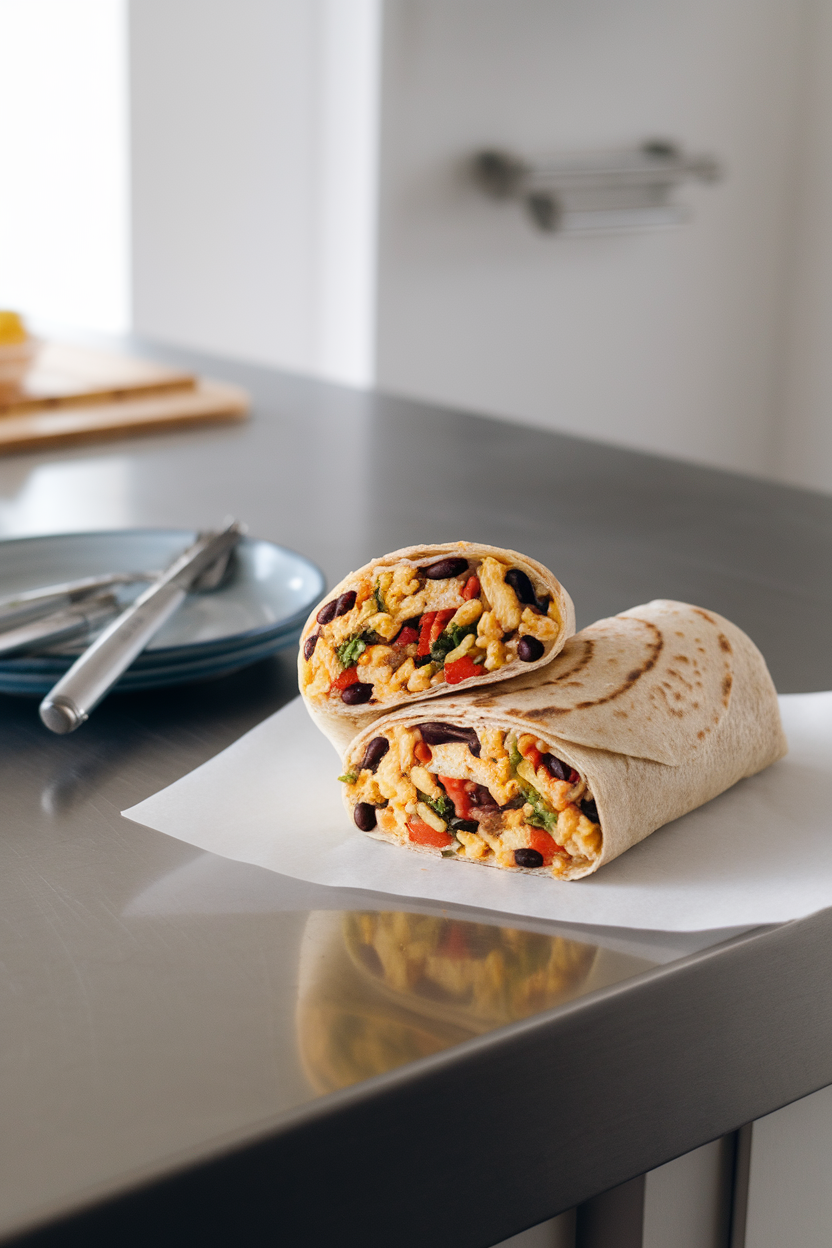 An indoor kitchen island scene showing a sliced whole-wheat breakfast burrito revealing colorful scrambled veggies and black beans inside. Photo, no text or logos.