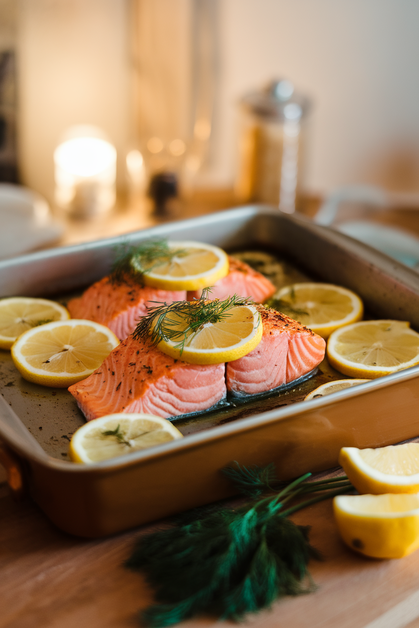 A warmly lit indoor baking dish displaying cooked salmon fillets topped with lemon slices and dill, no raw fish visible, no text or logos.