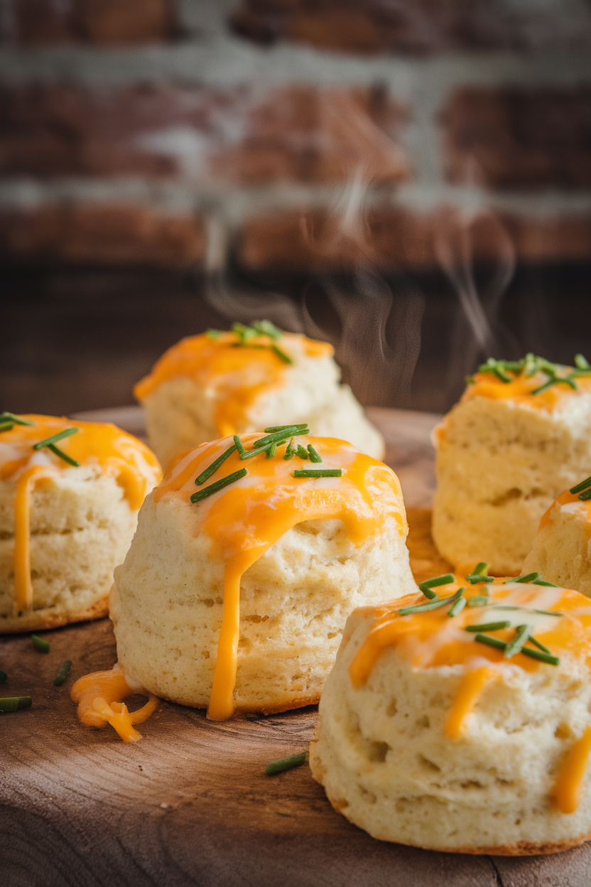 Indoor bakery-style shot of golden drop biscuits dotted with melted cheddar and chopped chives, steam gently rising. No text or logos.