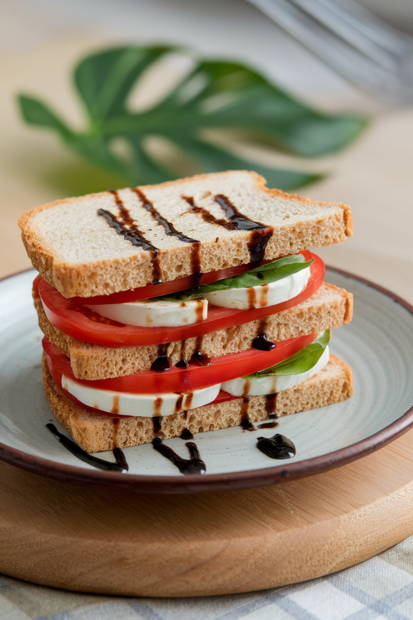 An indoor ceramic plate showing a whole-grain sandwich thin stacked with tomato, mozzarella, basil, and a drizzle of balsamic reduction. Photo, no text or logos.