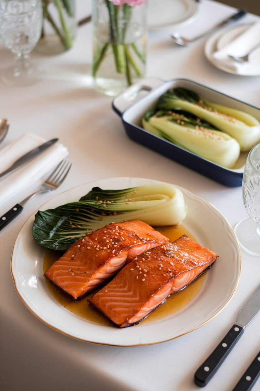 Photo of glazed salmon fillets next to sautéed bok choy, sesame seeds sprinkled over, indoor dinner table. No text or logos.</Prompt