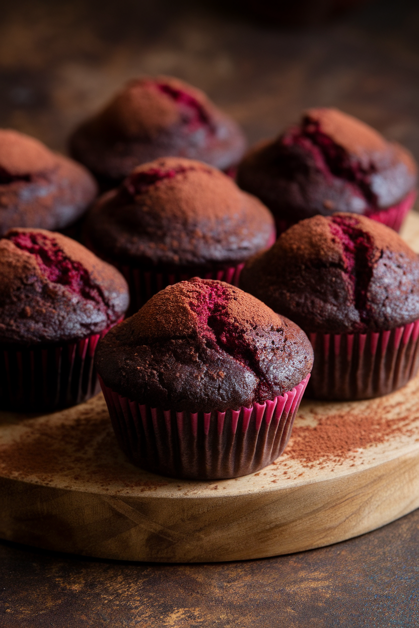 Indoor photo of deep chocolate muffins with a hint of red beet color, dusted with cocoa, no text or logos