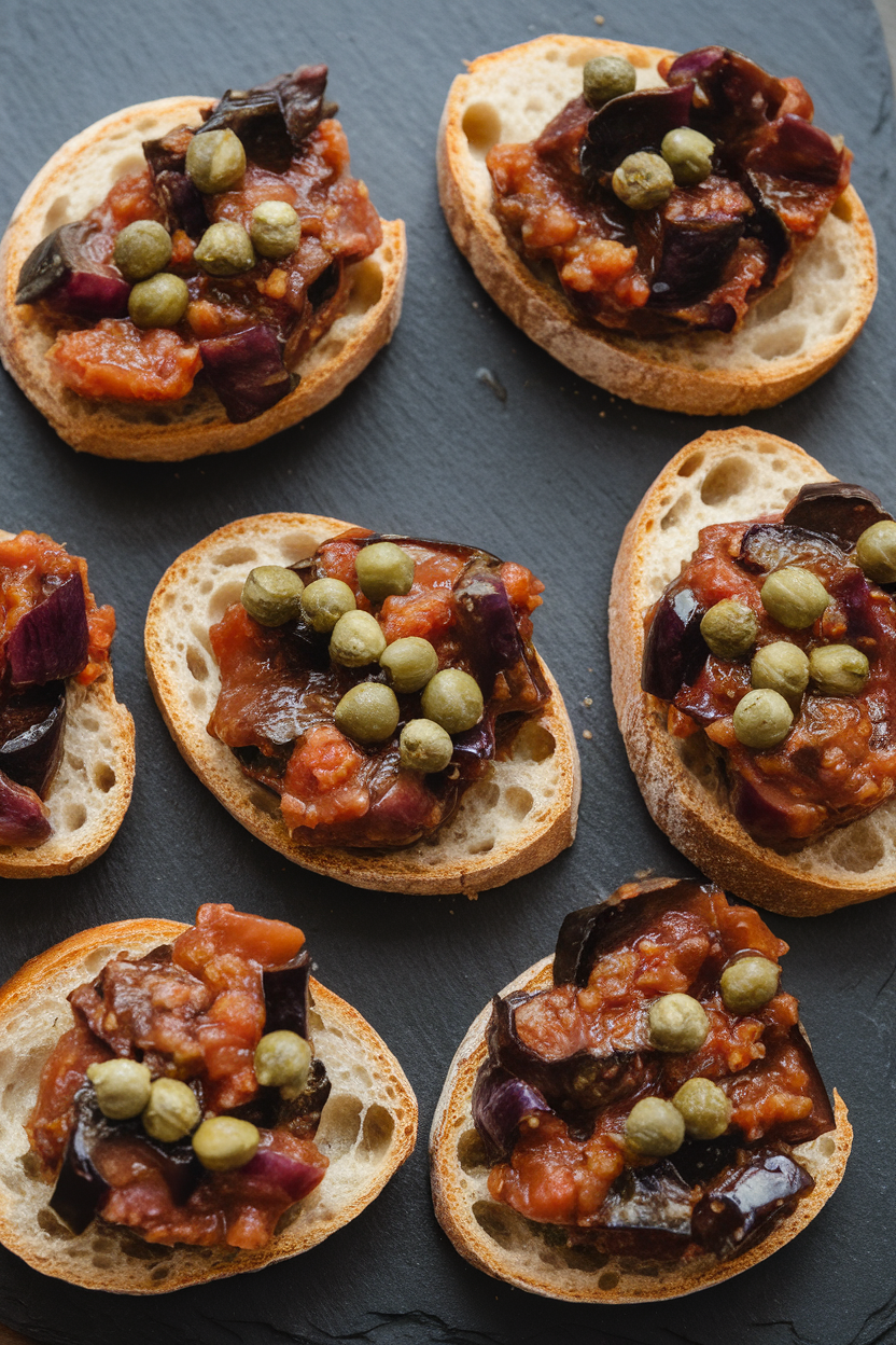 An indoor slate platter set with crusty baguette slices topped with glossy eggplant caponata, capers visible, no text or logos.