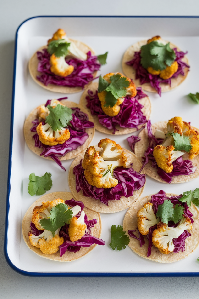 Indoor photo of mini corn tortillas holding roasted cauliflower florets, red cabbage slaw, and cilantro, set on a tray. No logos or text.