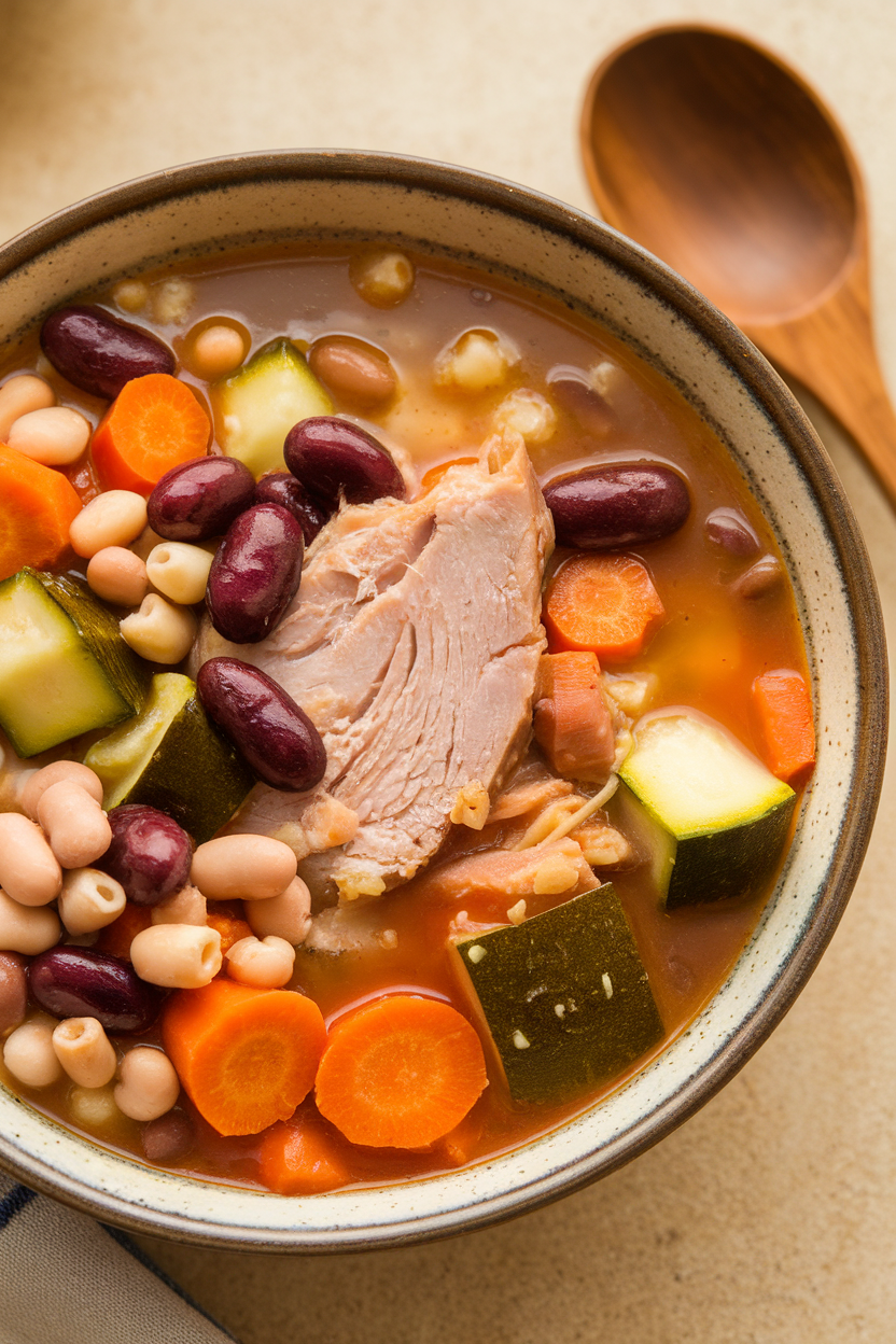 Indoor photo of a colorful bowl of minestrone with turkey, zucchini, carrots, kidney beans, and small whole-wheat pasta, no text or logos.