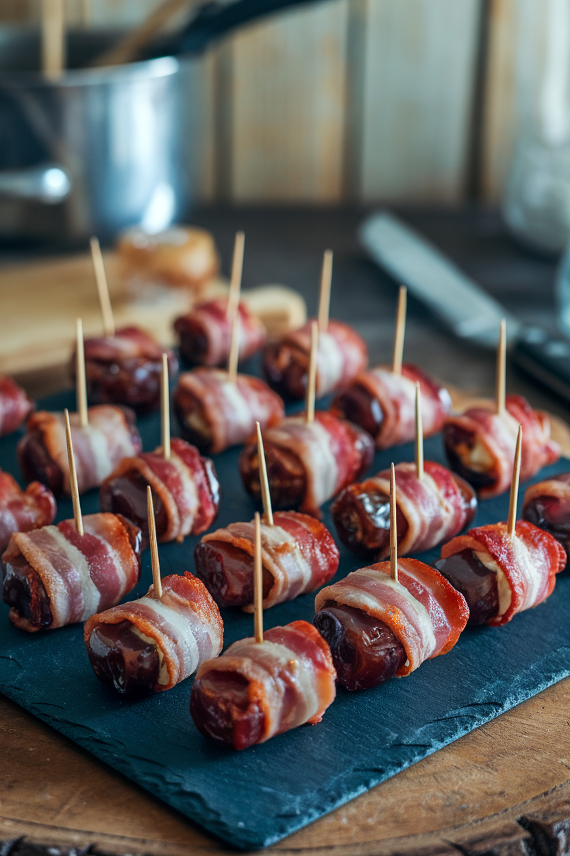 Indoor photo of bacon-wrapped dates arranged on a slate board, toothpicks visible, no text or logos