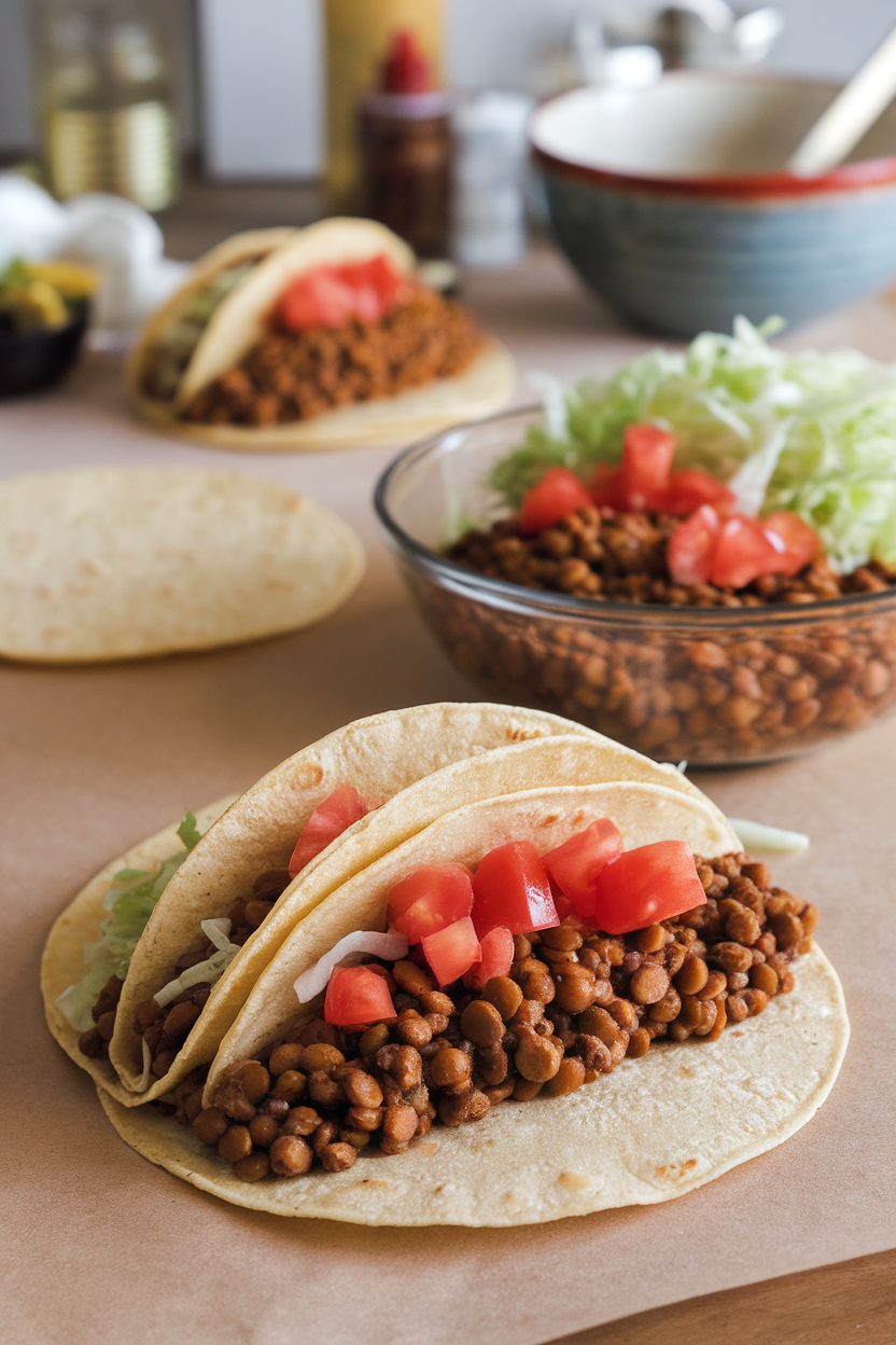 An indoor taco assembly scene with a warm corn tortilla filled with seasoned lentils, diced tomatoes, and shredded lettuce, no logos.