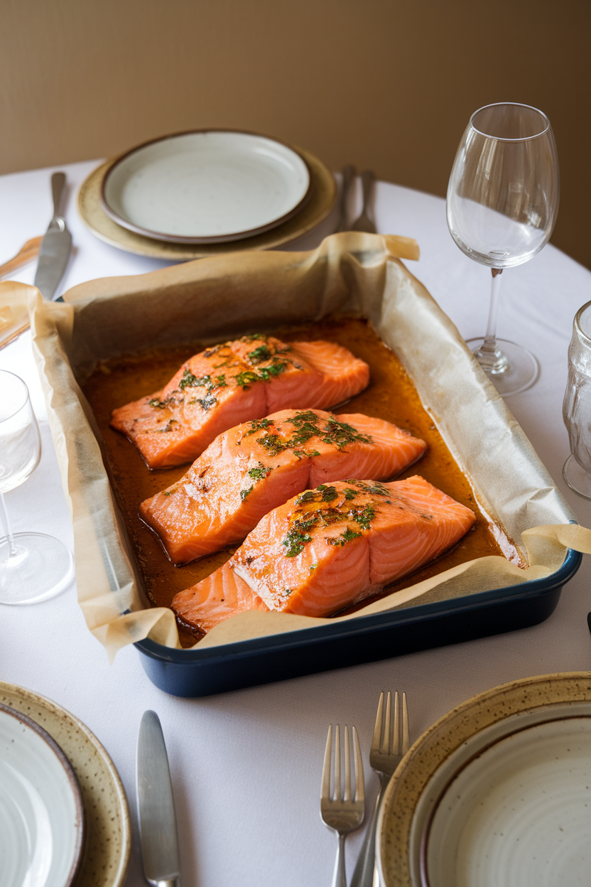 An indoor dinner table set with a parchment-lined baking dish holding flaky salmon fillets glazed in a shiny amber maple-Dijon sauce, garnished with parsley. No text or logos in view. Photo only.