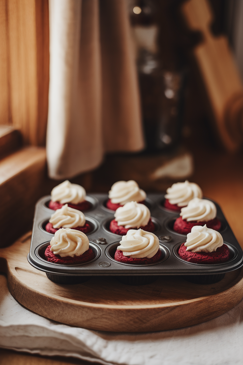 A muffin tin indoors filled with mini red velvet brownies topped with cream cheese frosting swirls, warm kitchen lighting. No text or logos, photo only.