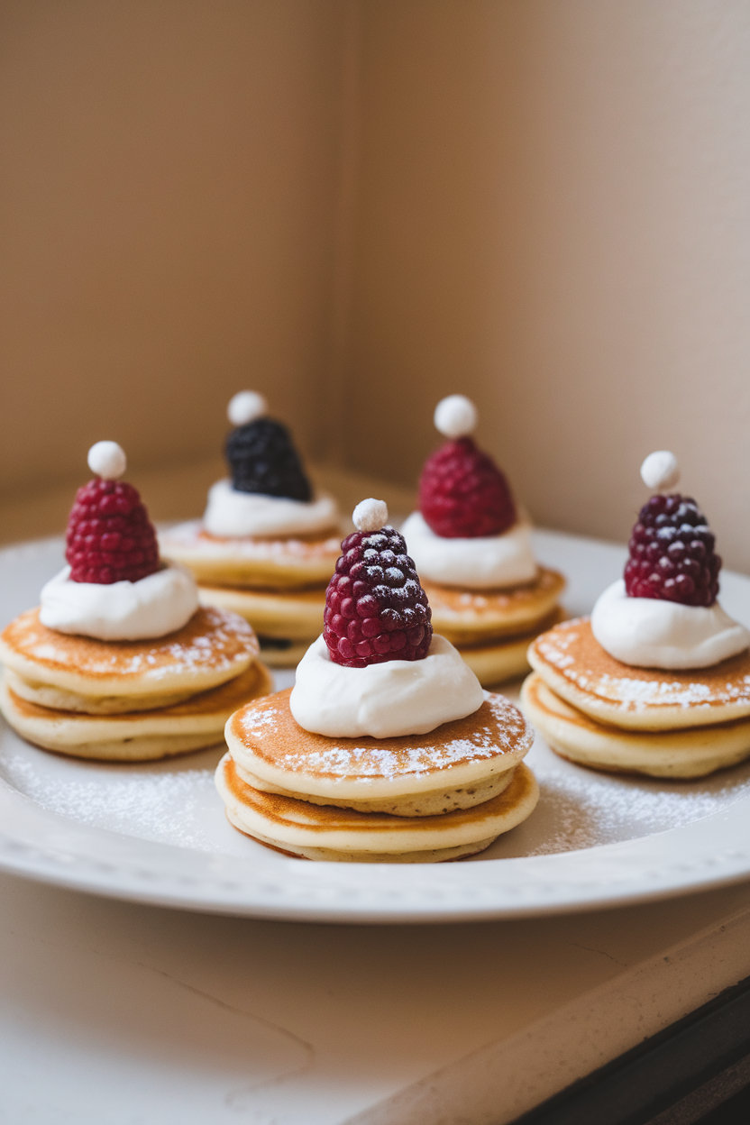 Indoor photo of small round pancakes topped with a dollop of mascarpone and a single blackberry resembling Santa hats; no text or logos.