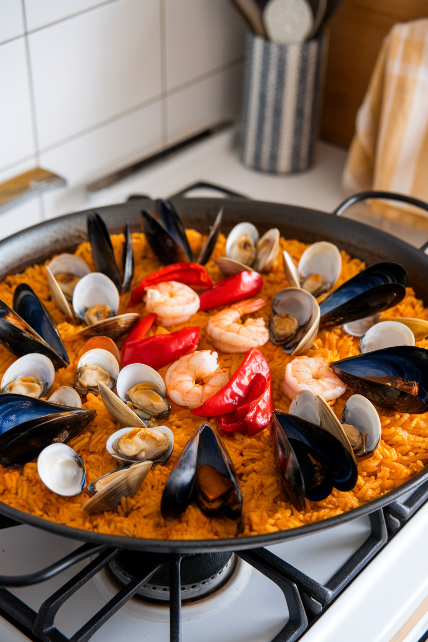 An indoor stovetop view of a shallow paella pan brimming with saffron rice, mussels, clams, shrimp, and roasted red peppers. No logos, just food. Photo.
