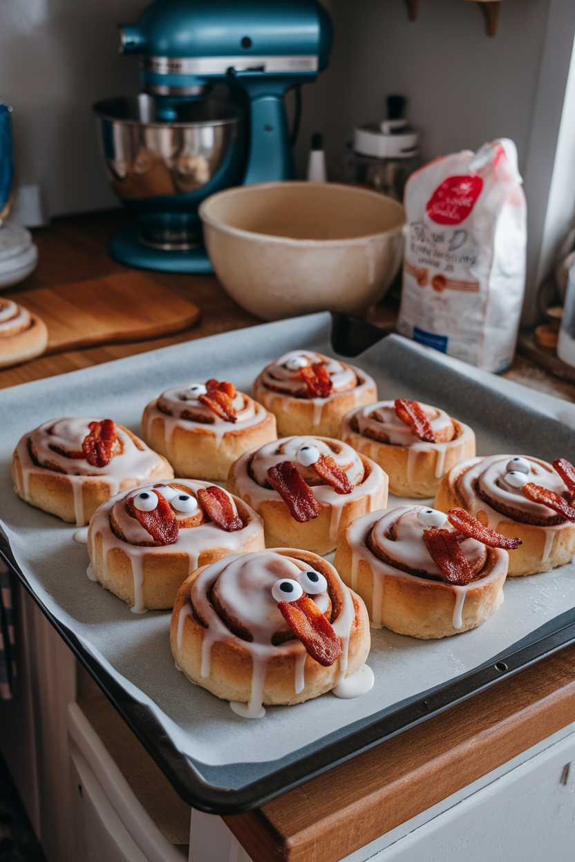 A baking sheet inside a cozy kitchen holding baked cinnamon rolls decorated with bacon “feathers” and candy eyes, icing glistening under soft light. Photo, no text or logos.