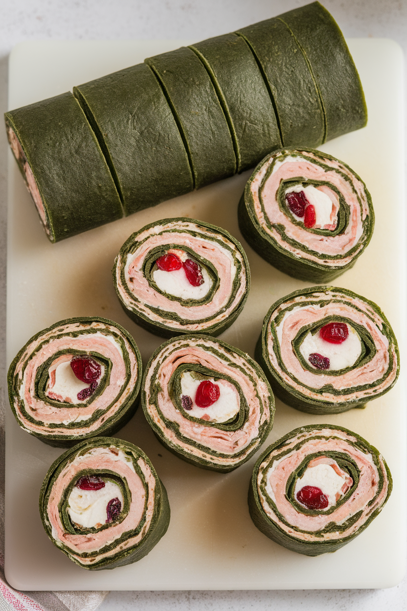 An indoor cutting board with spinach tortillas rolled and sliced into spirals showing turkey, cream cheese, and cranberry filling, no logos.