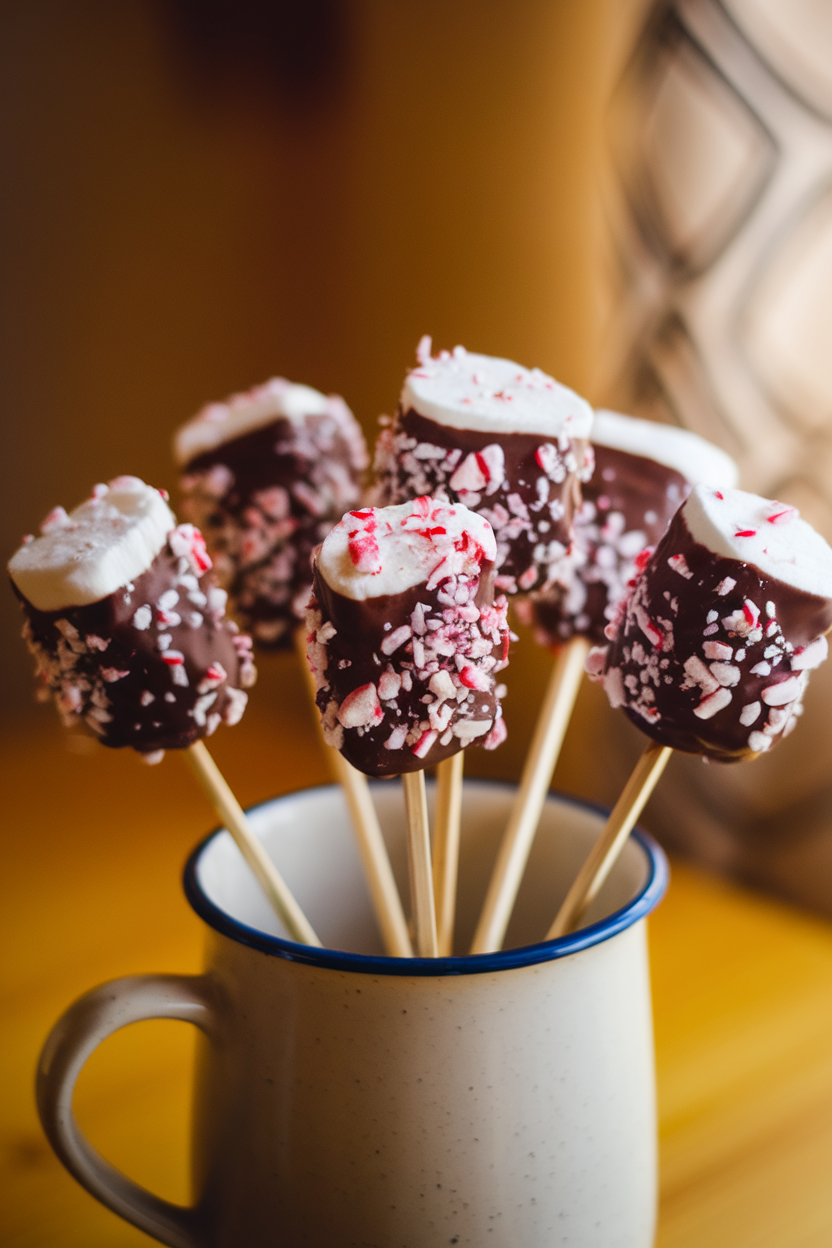Skewered marshmallows dipped in chocolate and coated with crushed peppermint, displayed in a mug indoors. No text or logos.</Prompt