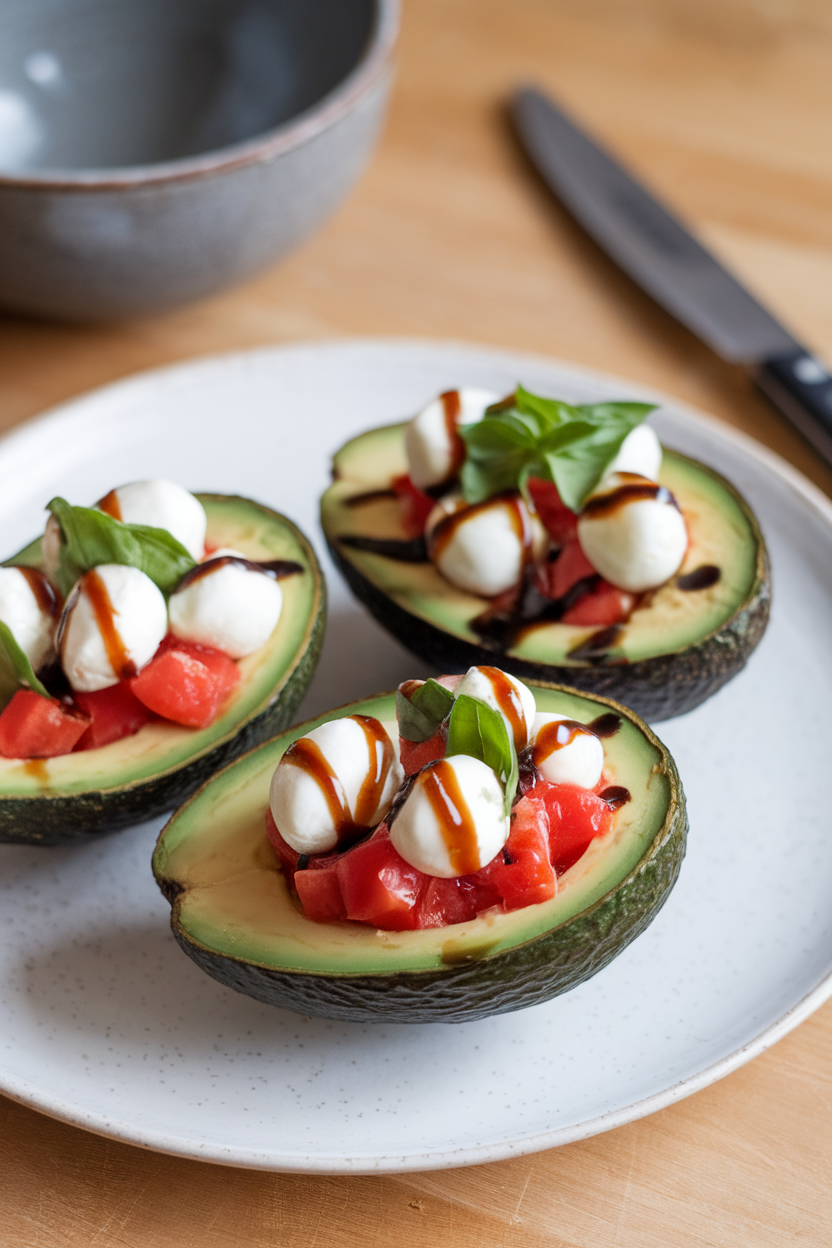 Indoor photo of halved avocados filled with diced tomato, mozzarella pearls, and basil chiffonade, balsamic glaze drizzled on top; side light, no text or logos