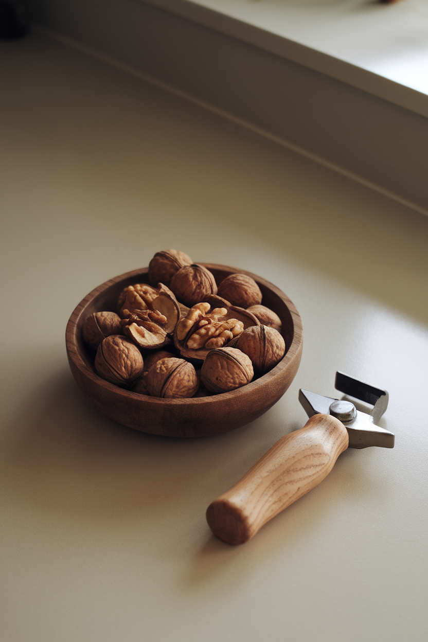 A wooden bowl of walnut halves on an indoor countertop with a nutcracker lying beside, no text or logos, photo.