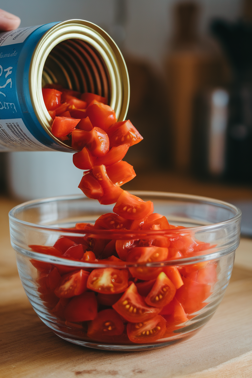 Indoor opened can of diced tomatoes poured into a clear glass bowl, vibrant red color; no text or logos. Photo.