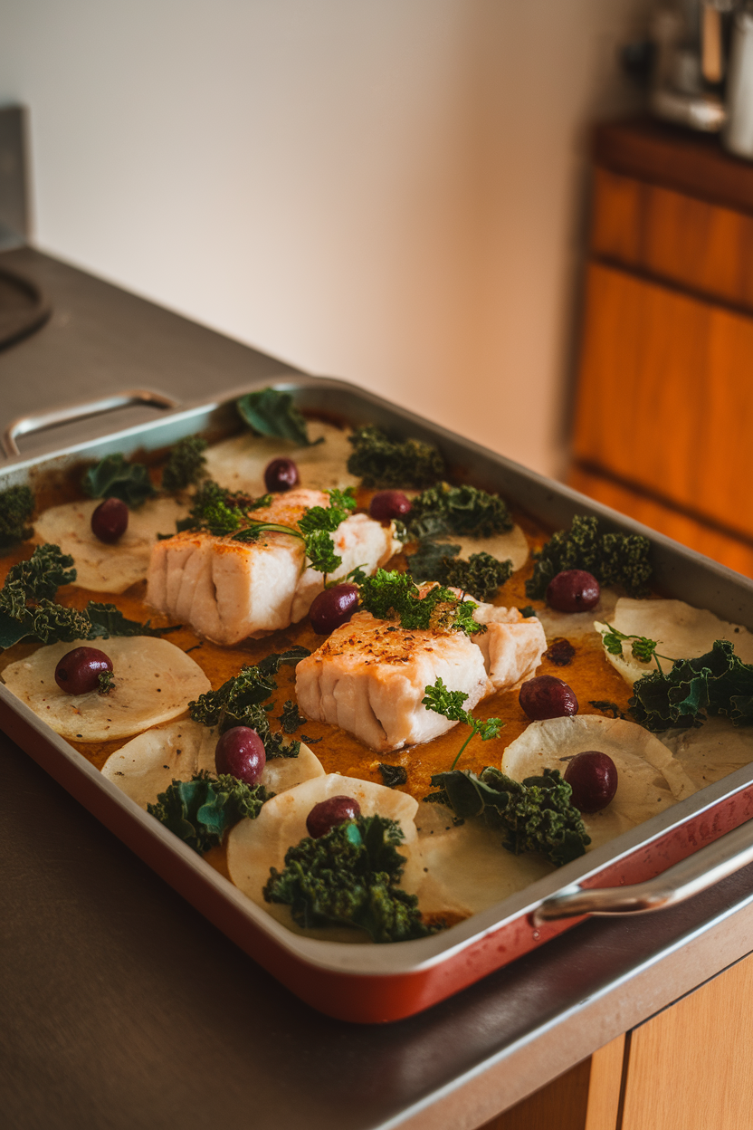 Indoor kitchen island with a baked dish of flaky cooked cod, thin potato rounds, and bright green kale leaves, garnished with olives and parsley. No logos or text.