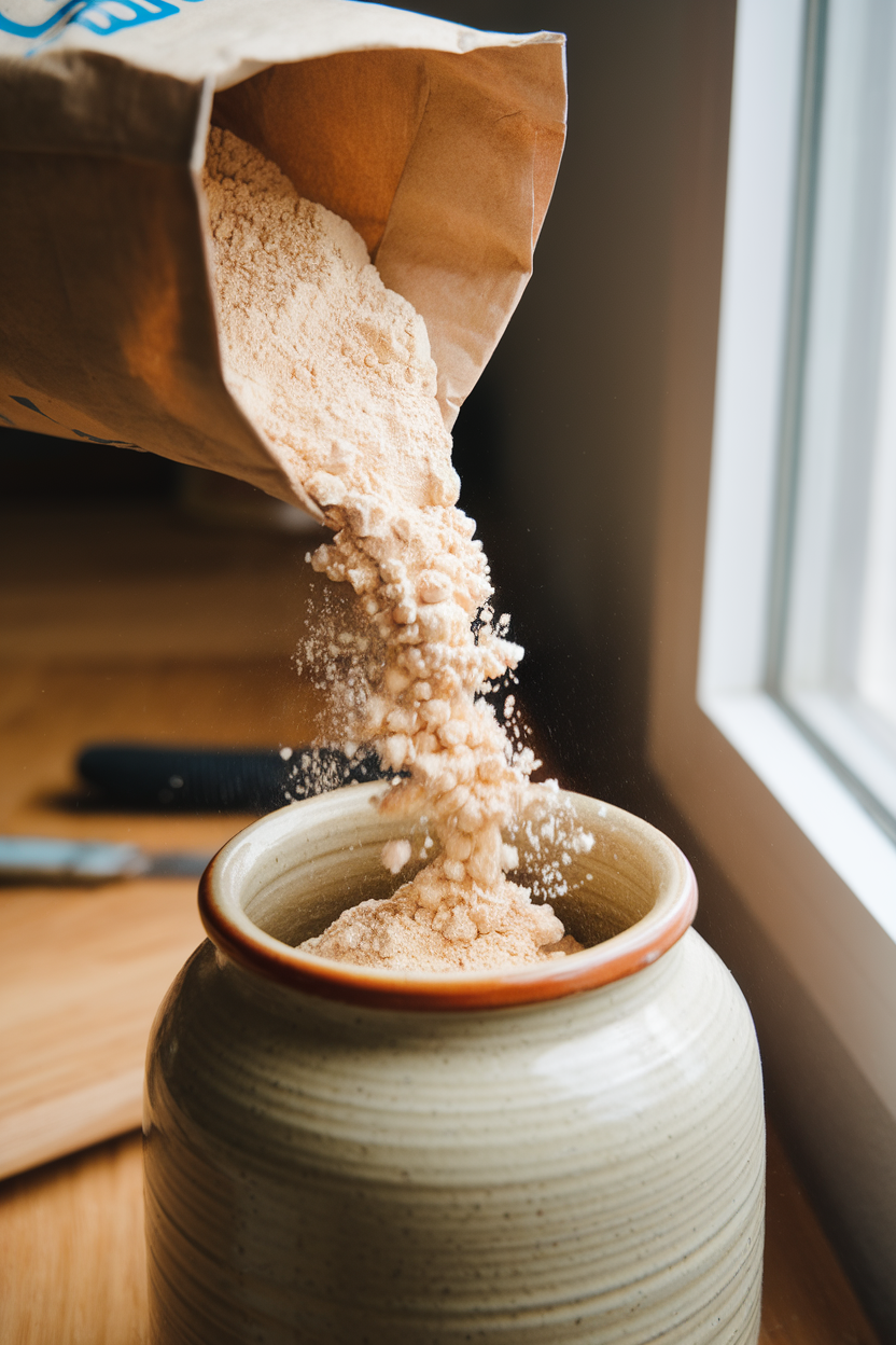 Indoor photo of pale yellow chickpea flour being poured from a paper bag into a ceramic canister; no text or logos