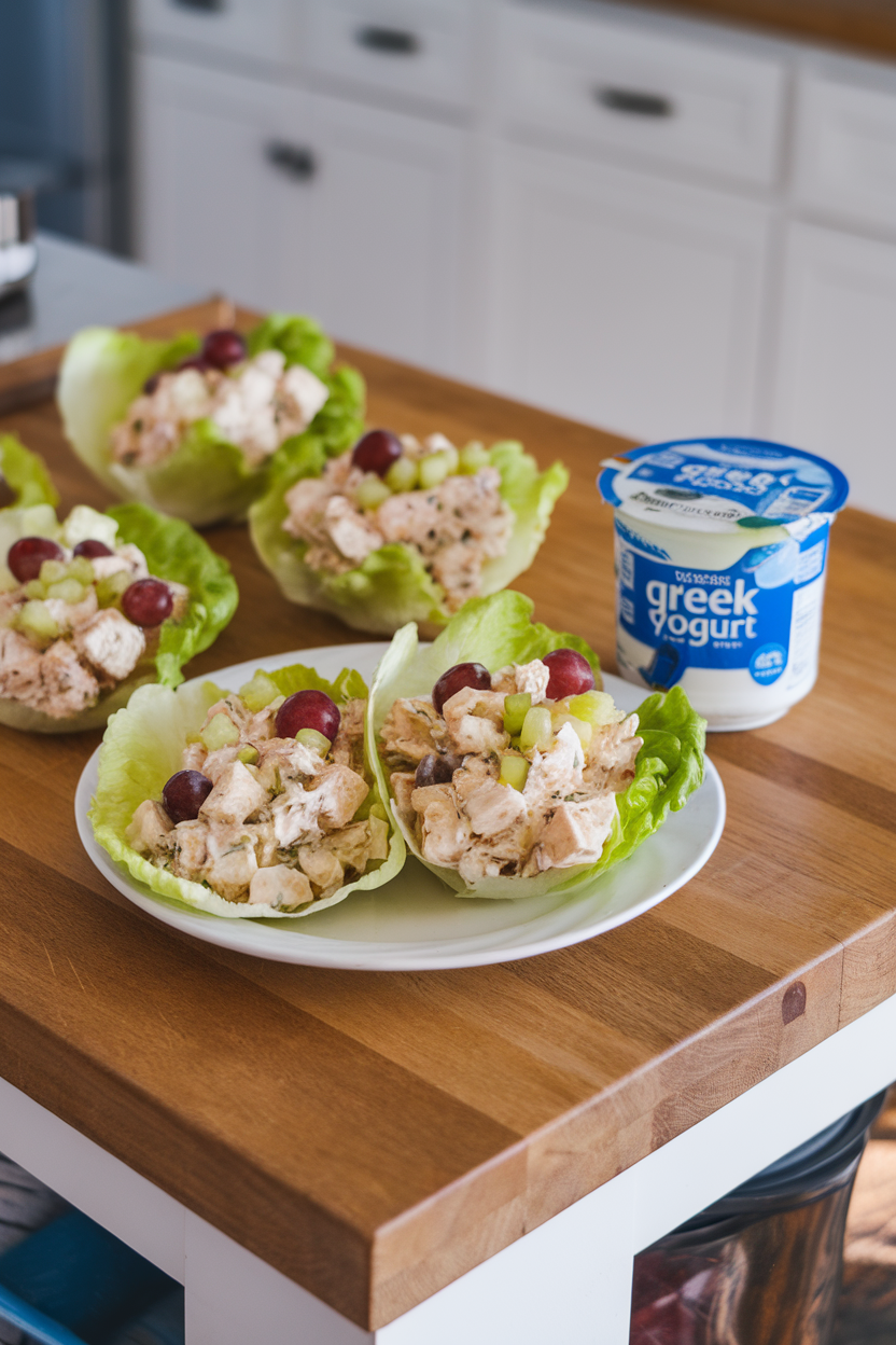 Indoor kitchen island displaying butter lettuce cups stuffed with Greek-yogurt chicken salad dotted with diced celery and grapes. No text or logos visible.