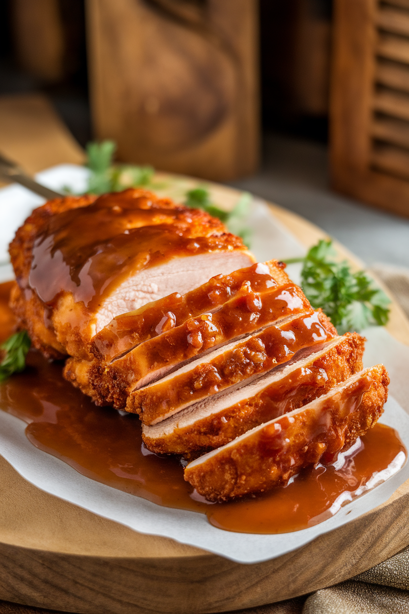 Indoor serving platter with air-fried chicken breast glazed in glossy brown sugar-bourbon sauce, photographed eye level. No text or logos.