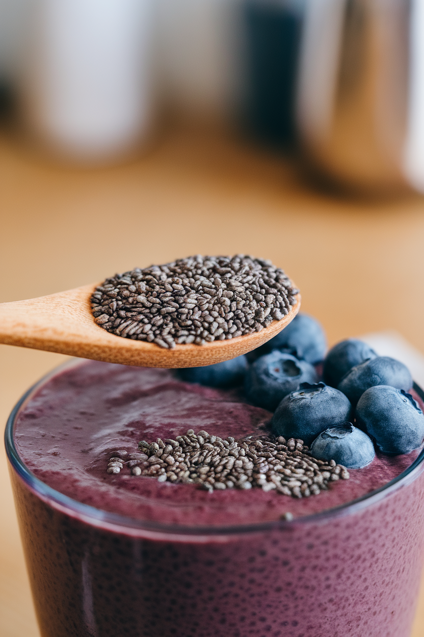 A close-up indoor shot of a wooden spoon heaped with chia seeds over a smoothie bowl, no brands or logos.