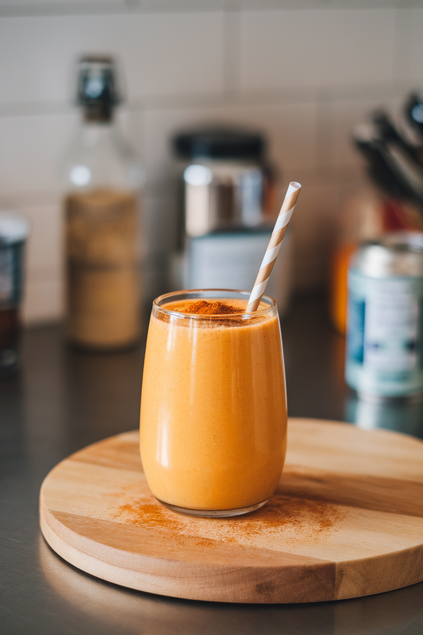 An indoor glass of bright orange smoothie garnished with a dash of cinnamon and a paper straw; set on a kitchen counter, no text or logos, photo not illustration.
